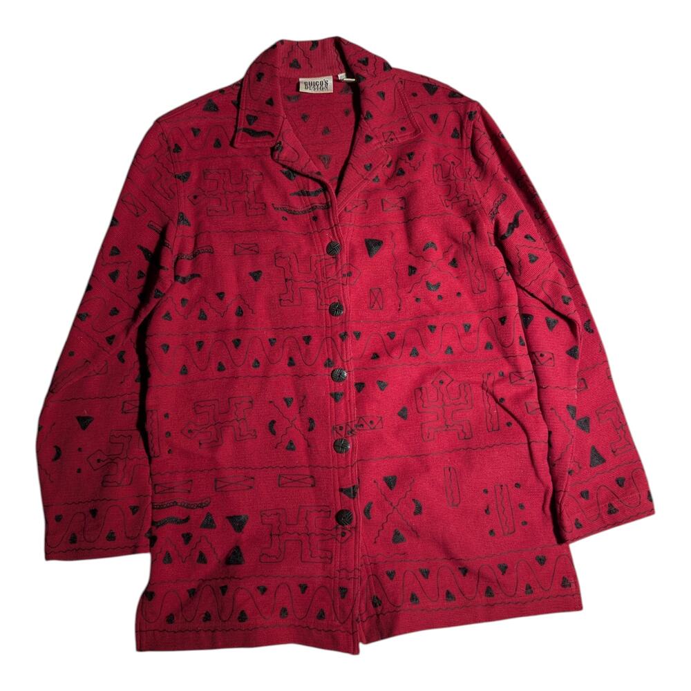 Vtg 1990s Chico's Design Red Cotton Tribal Embroidered Oversized Jacket 0 S